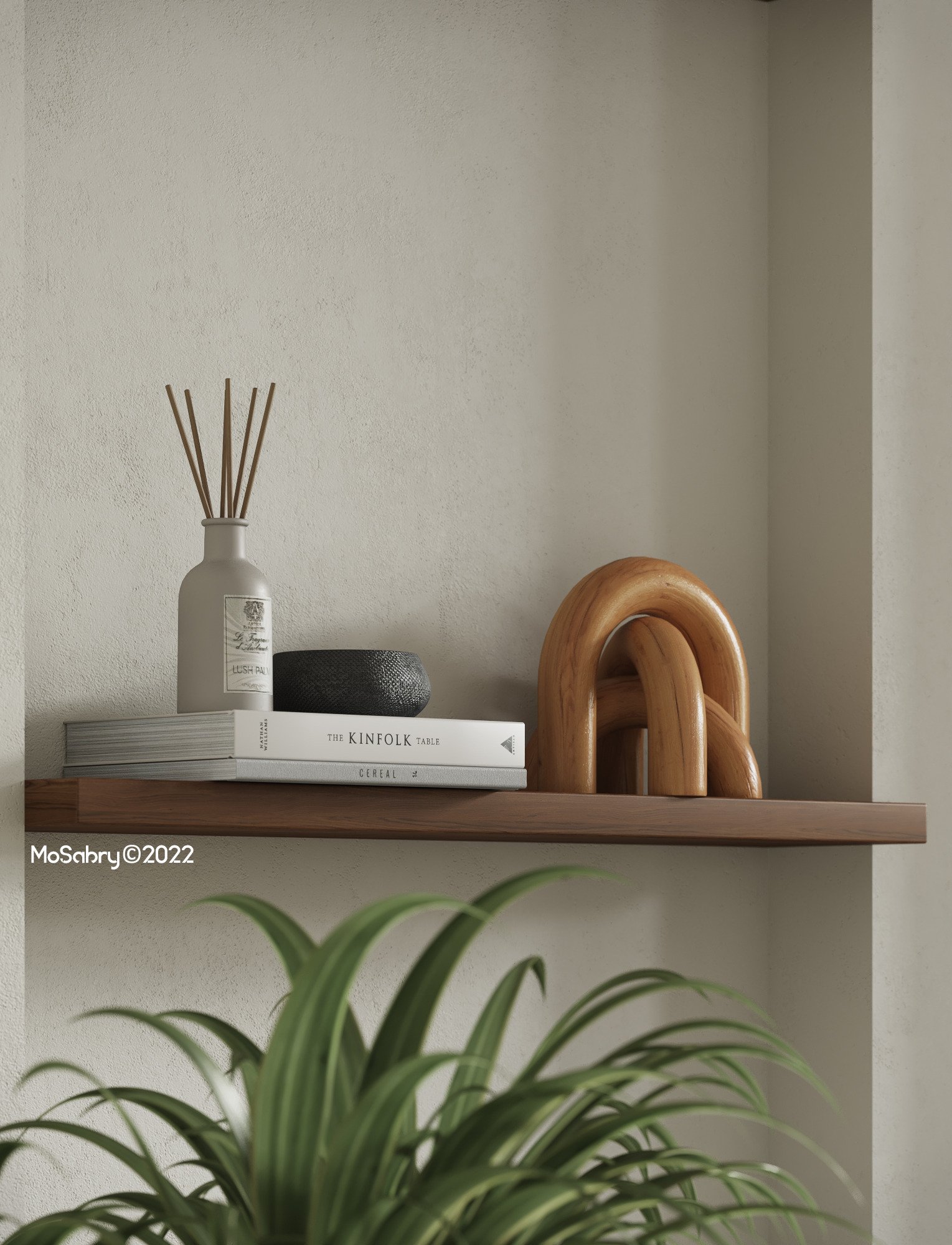 Shelf with a reed diffuser, ceramic sculpture and plant