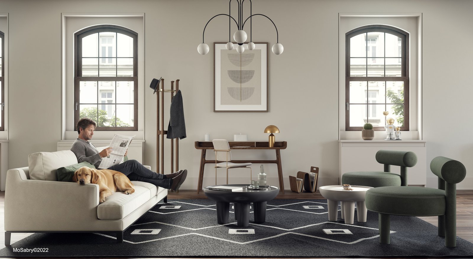 Living room with a cream sofa, green chairs and a black patterned rug